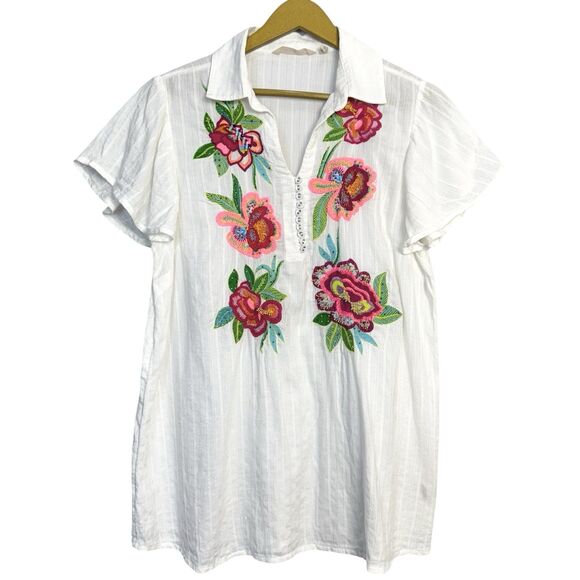 Soft Surroundings Popover Tunic Womens M Petites Floral Embroidered Beaded Boho - Picture 1 of 11